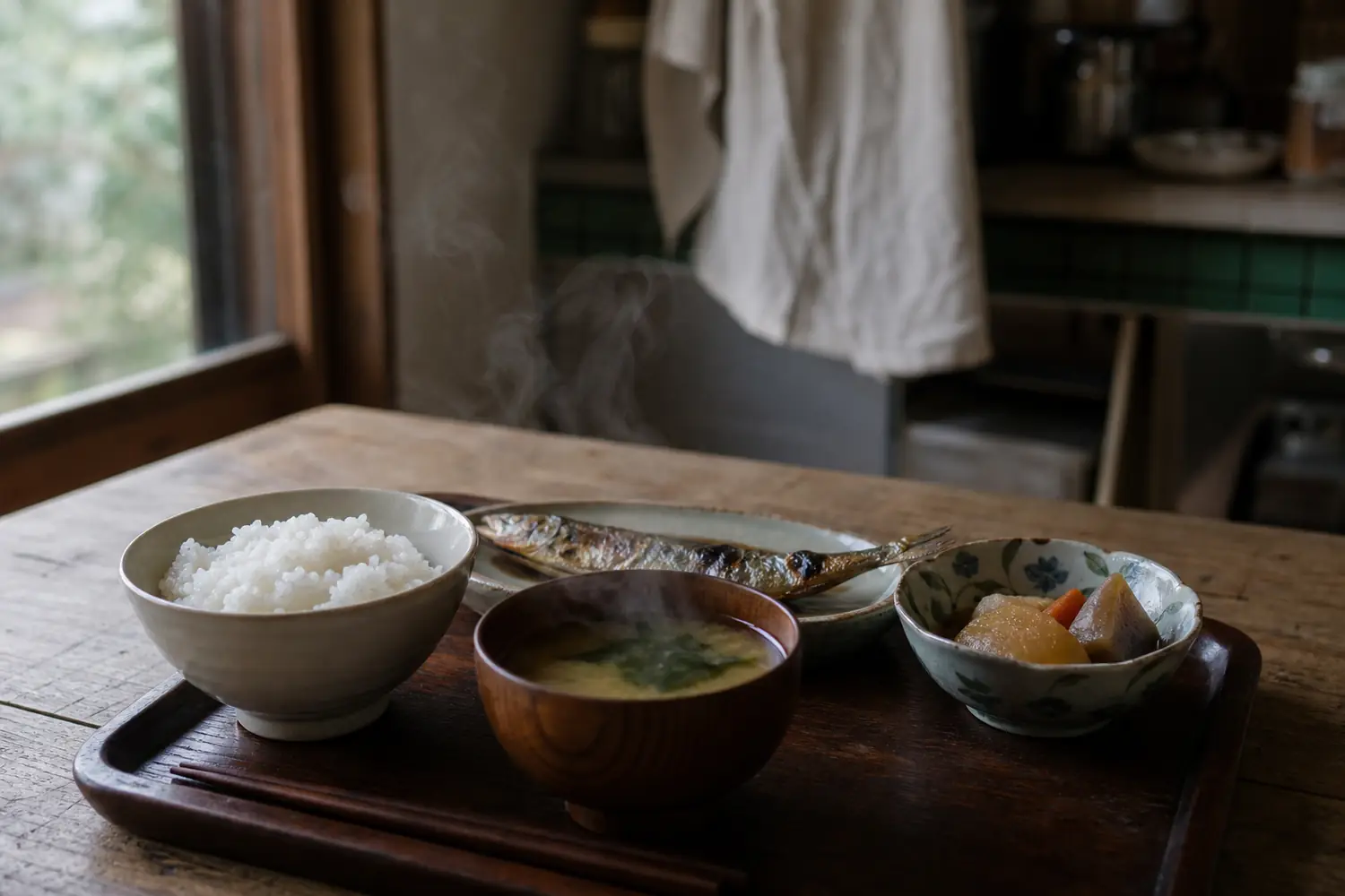 窓辺の木の食卓に置かれた、ごはんと味噌汁と焼き魚と煮物の一膳。湯気が立っている。
