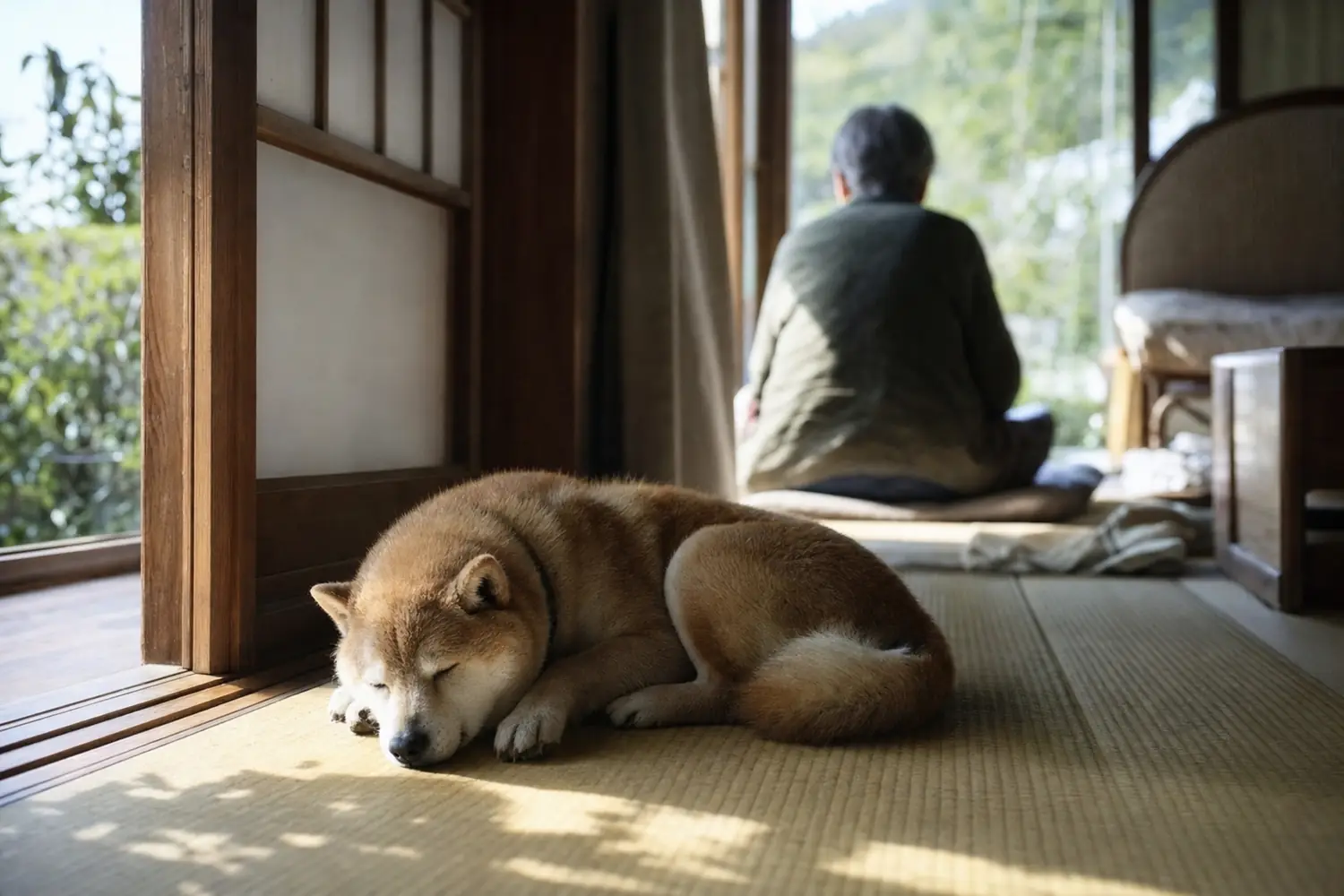畳の上、開いた障子のそばの日だまりで丸くなって眠る柴犬。奥では窓辺に座った人が庭を見ている。